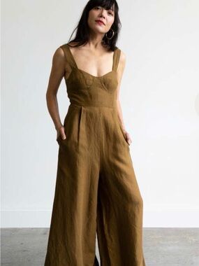 Garmentory Waltz Wide-Leg Pocketed Linen Jumpsuit in Bronze Brown Olive